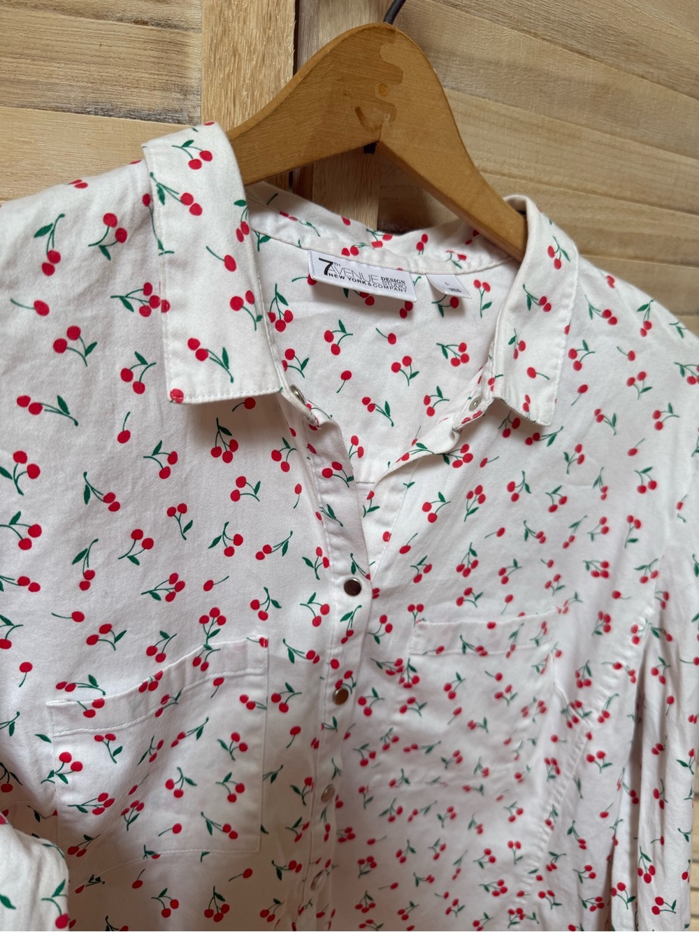 Cherry Print Button-Front Blouse - Long roll sleeves